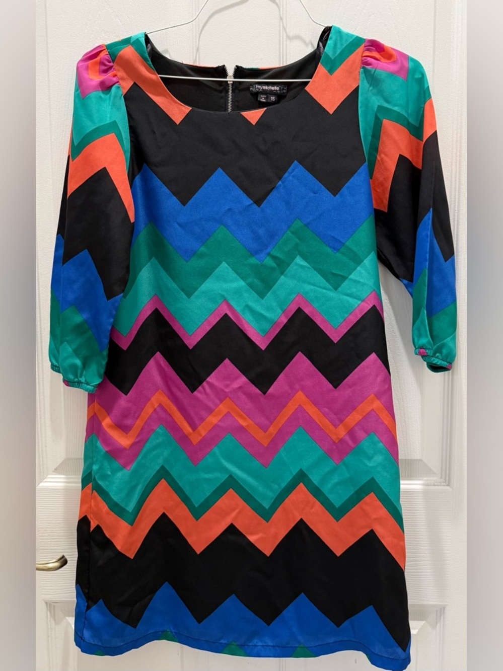 My Michelle Multicolor Chevron Shift Dress, Teal, Blue, Pink, Orange, Black 16